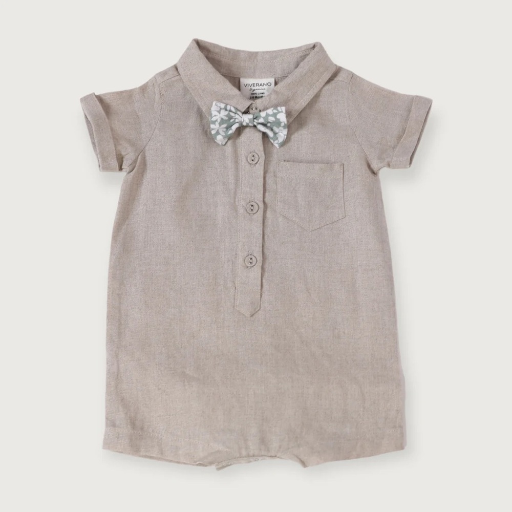 NWT Viverano Noah Bowtie Linen Baby Romper (Natural Linen)